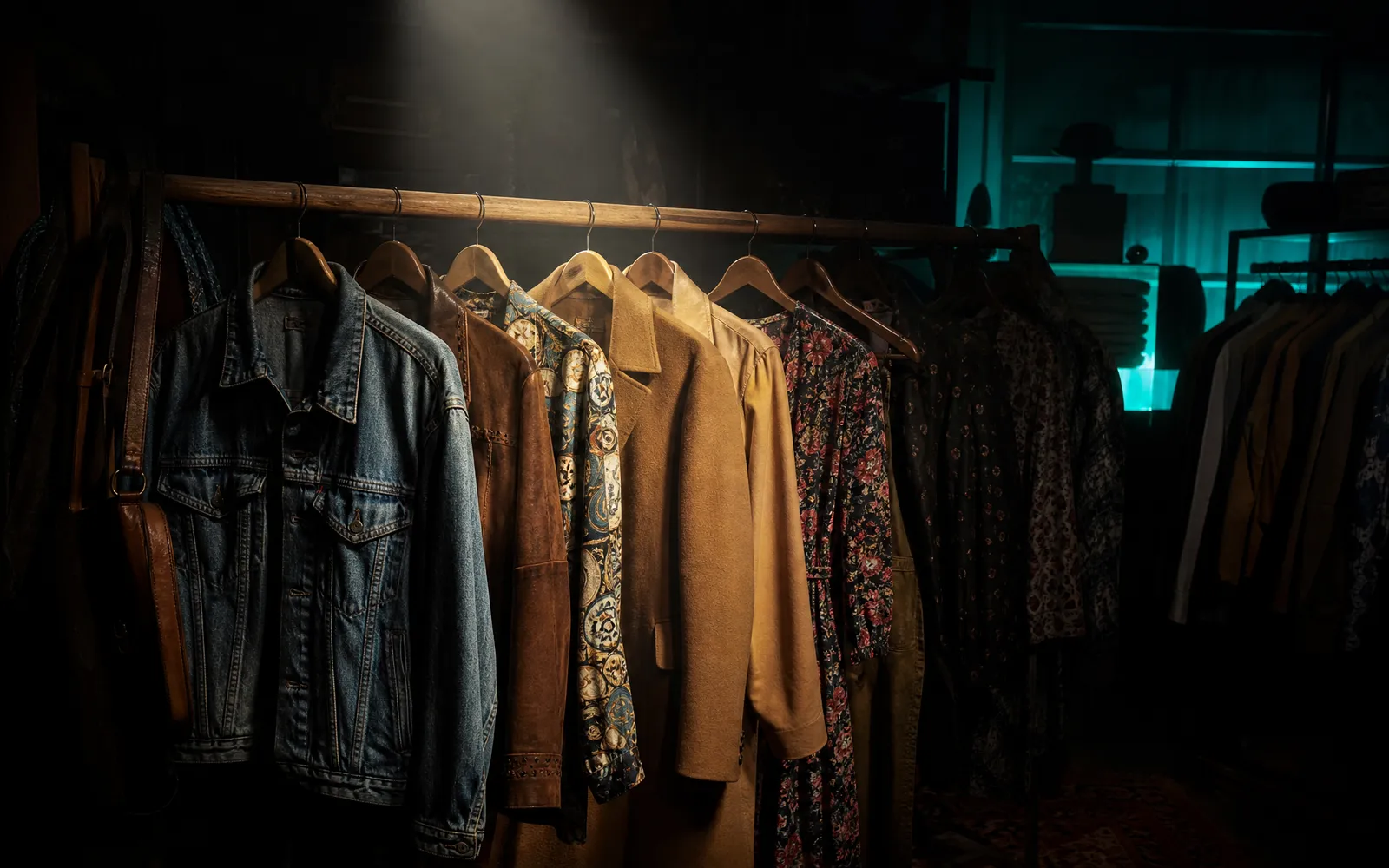 Chaqueta de ante entre otras prendas en la burra de la tienda