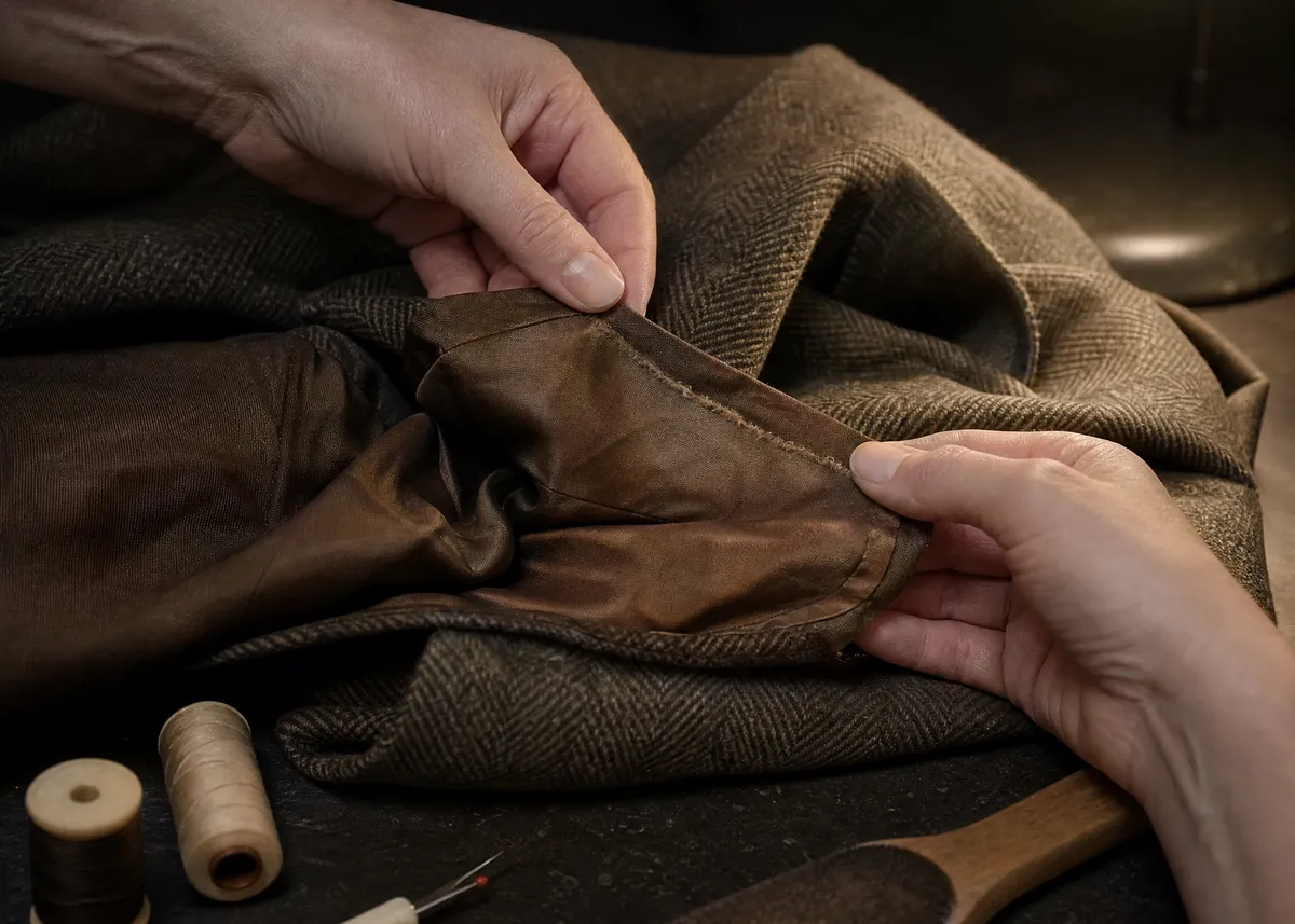 Manos revisando el forro de un abrigo de tweed de espiga